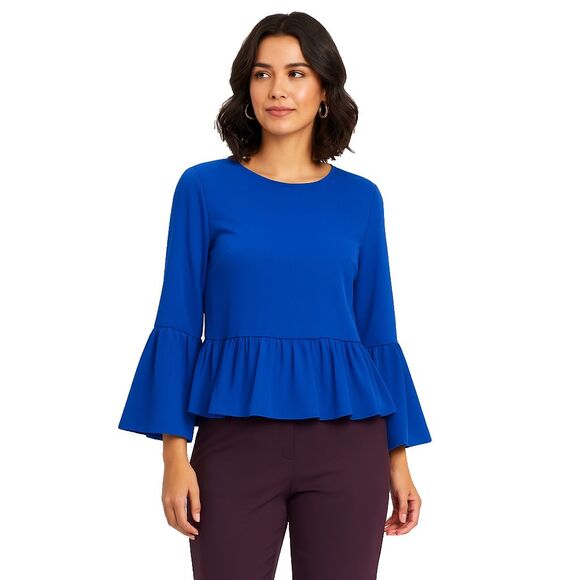 J. Crew Chiffon Peplum Blouse Women's Small Bell Sleeve Royal Blue Top - Picture 2 of 8